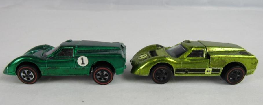 Lot (2) Vintage 1967 Hot Wheels Redline Ford J-Car - Antifrreeze & Green