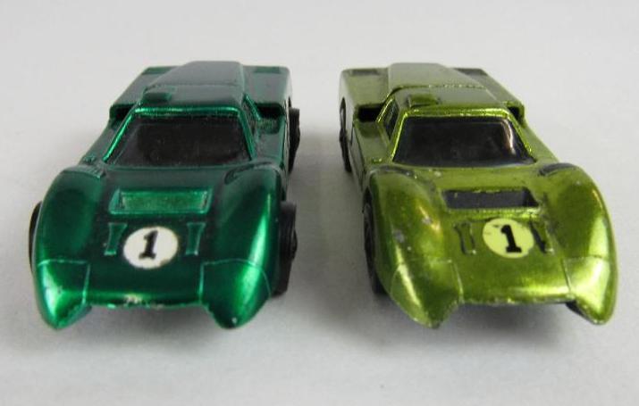 Lot (2) Vintage 1967 Hot Wheels Redline Ford J-Car - Antifrreeze & Green