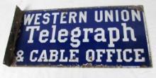 Rare Early Western Union Telegraph Double Sided Porcelain Flange Sign