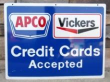 Vintage APCO / Vickers "Credit Cards Accepted" Double Sided Metal Gas Station Sign