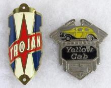 Antique Yellow Cab Hat Badge, and Antique Trojan Bicycles Head Badge