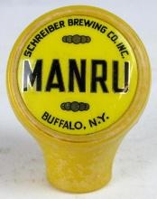 Rare Original Antique Manru Beer (Schreiber Brewing) Tap Handle w/ Porcelain Enameled Logo