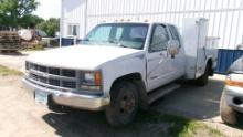 1999  CHEV. 1 TON EXTENDED CAB 2 WD DUALLY w / STEEL SERVICE BODY, 350, auto, good tires,