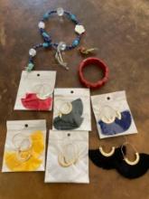 Necklace, bracelet, bird pin, tassel earrings. 9 pieces