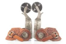 Awesome pair of "Campbell" marked double mounted Spurs, #5661, hand engraved with gold and silver ov