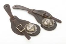 Pair of fancy two-piece Spur Straps in basket weave pattern with raised, engraved steer head conchos
