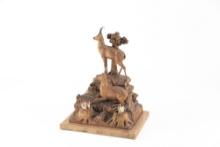 Very ornate German Black Forest hand carved Mountain Goat Scene Match Holder, circa 1920s, mounted o