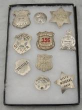 Framed Showcase Collection of 10 Badges to include: (1) Stamford 63 Police Shield Badge, 2 1/4" x 2