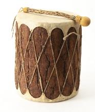 Wooden Indian Drum with rawhide skin, 16" T x 12" diameter. Very good condition, sold with a leather