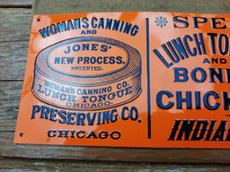 Old NOS New Old Stock Lunch Tongue Indian Fruit Pudding Tin Metal Embossed Sign Chicago Canning Sign
