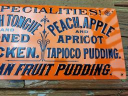 Old NOS New Old Stock Lunch Tongue Indian Fruit Pudding Tin Metal Embossed Sign Chicago Canning Sign