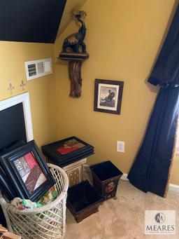 Wall Contents of Upstairs Room - Includes Zebra Curtain with Rod, Elephant Book Ends