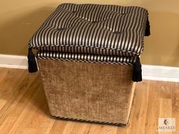 Black and Gold Striped Ottoman with Black Tassels, 20"x19"