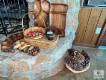 Vintage Wooden Decorative Items, Baskets, Pine Cones