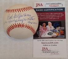 Bob Feller Autographed Signed ROMLB Baseball Indians Opening Day No Hitter Inscription JSA Indians