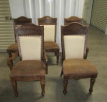 Lot Of 5 Matching Solid Wood Dining Room Chairs W/ Distressed Leather Seats (NO SHIPPING)