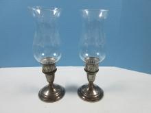 Pair Towle Sterling Silver 11" Single Candlesticks w/Etched Glass Flowering Vine Hurricane Shade