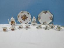 2 Porcelain Miniature Porcelain Tea For Two Sets Wildflowers w/ Gilt Bead Trim Octagonal