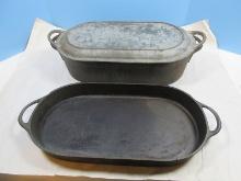 Lot 2 pc. Cast Iron Oblong Roasting Pan and Grill Pan Lid Sportsman Cover-Griddle