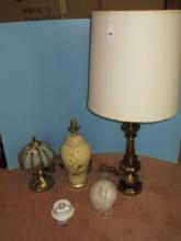 Lot Brushed Brass Tone Accent Lamp w/ Lighthouse Panel Fan Shade 12", Glass Ginger Jar