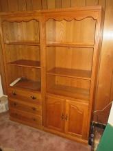 Oak Double Lighted Bookcase and Stereo Cabinet Features Adjustable Shelves, 3 Drawers/