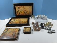 Lot Marble Tray w/ 4 Cordials 2 3/4", 6 Tiger Cowrie Shell Napkin Rings, Placemats, Brass and