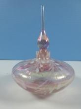 Gorgeous Crystal Clear Iridized Pink White Pulled Feather Design Hand Blown Perfume Bottle
