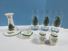 Lot Spode China Christmas Tree Green Trim Salt/Pepper Shakers, Tall Candle Holder, Chamber