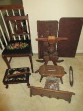 Lot Pine Wall Shelf w/3 Pegs, Pedestal Table Base w/Flip Top Game Table, Slotted Handle Step