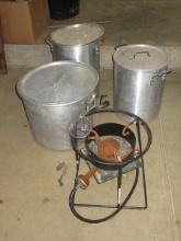 Lot LP Gas Burner Stand Base w/ 3 Large Stock Pots/Fryer Pots Plus Fryer Basket