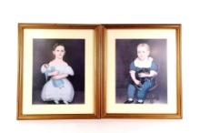 2 Antique Folk Style Prints of Boy and Girl