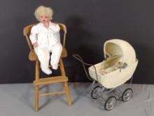 Fayzah Spanos Doll on High Chair and P.M. Grete Doll in Pram