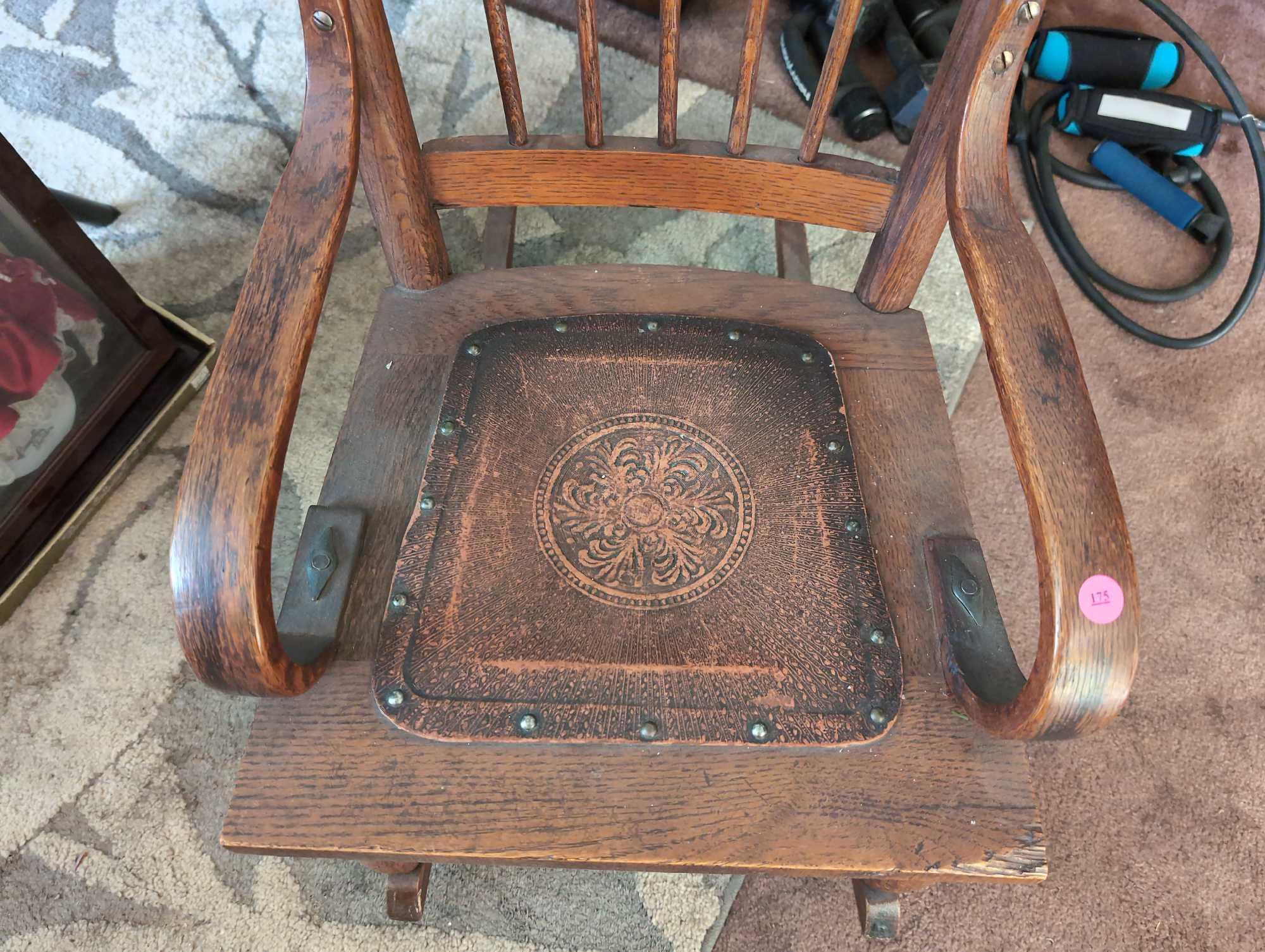 (LR) ANTIQUE OAK SPINDLE BACK CHILD'S ROCKING CHAIR WITH TOOLED LEATHER SEAT, NAIL HEAD TRIM
