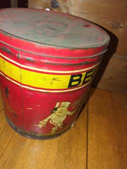 (DR) BECKERS PRETZELS TIN WITH LID, APPROXIMATE DIMENSIONS - 14" H X 12" W, TIN HAS A FEW DENTS,