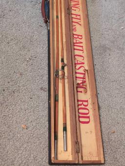 (BR2) VINTAGE EMPEROR JAPAN SPLIT BAMBOO ROD FISHING (KIT) BOX WITH ONLY TWO PIECES OF THE ROD.