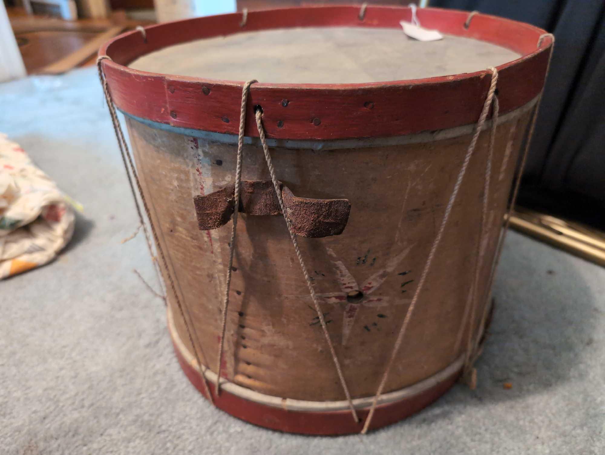 (BR2) CIVIL WAR ERA DRUM, DETAILED WITH AMERICAN FLAGS, STRIPES, & STAR. OWNER ORIGINALLY PAID $550.