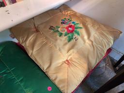 (BR2) LOT OF (4) VINTAGE ORIENTAL DETAILED PILLOWS. SOME HAVE STAINS. 22" X 20-1/2".