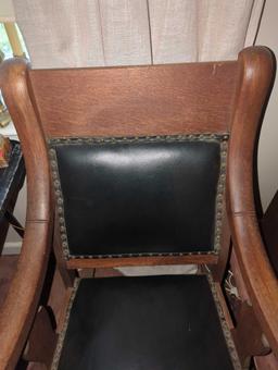 (LR) ANTIQUE OAK ROCKING CHAIR, FAUX LEATHER UPHOLSTERY, BRASS TACKS, 25X21 1/2 X 38 1/2"H
