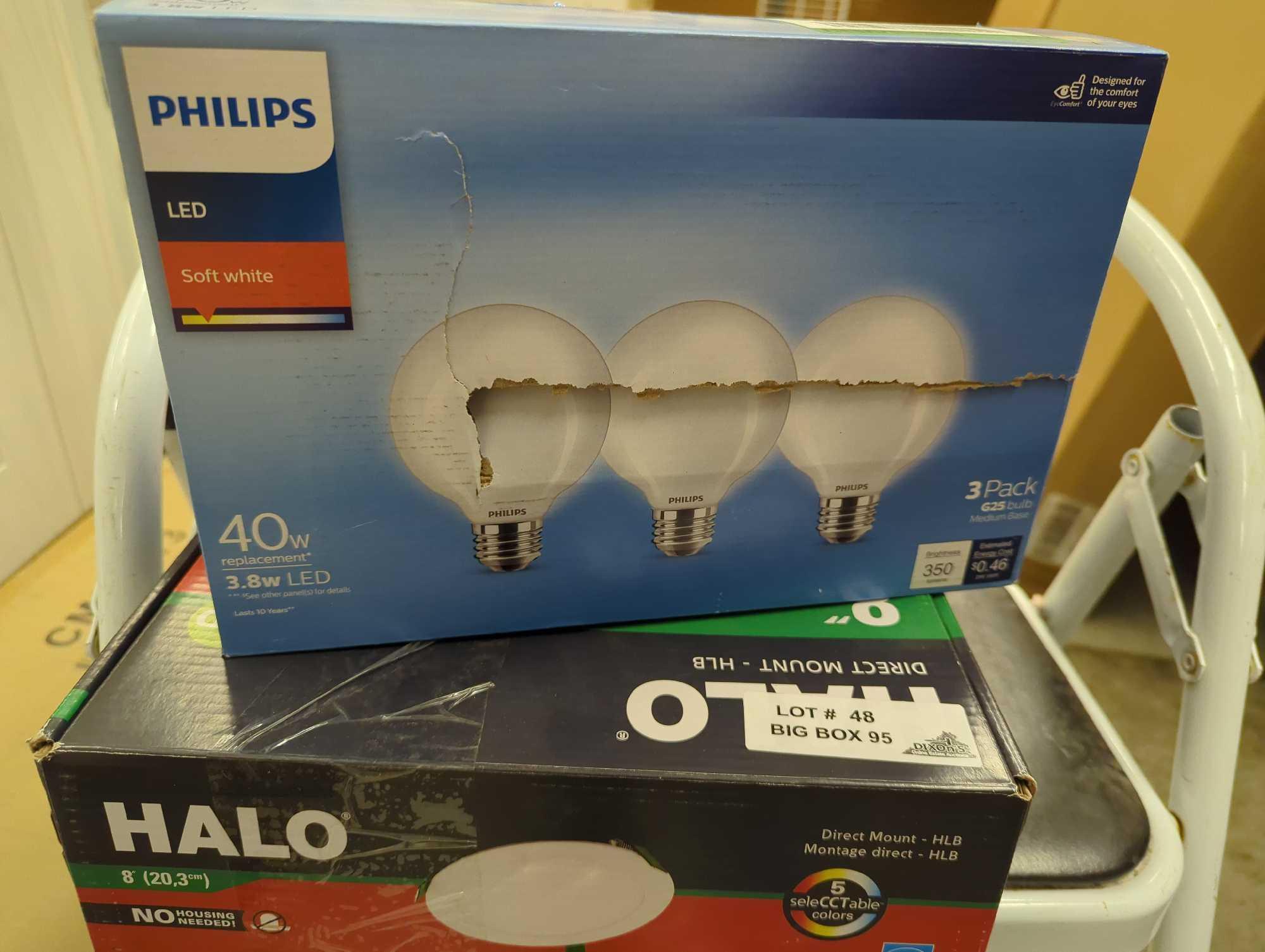 Lot of 2 Items To Include Philips 40w 3.8w LED Soft White Set of 3, Halo 8 inch Direct Mount Ultra