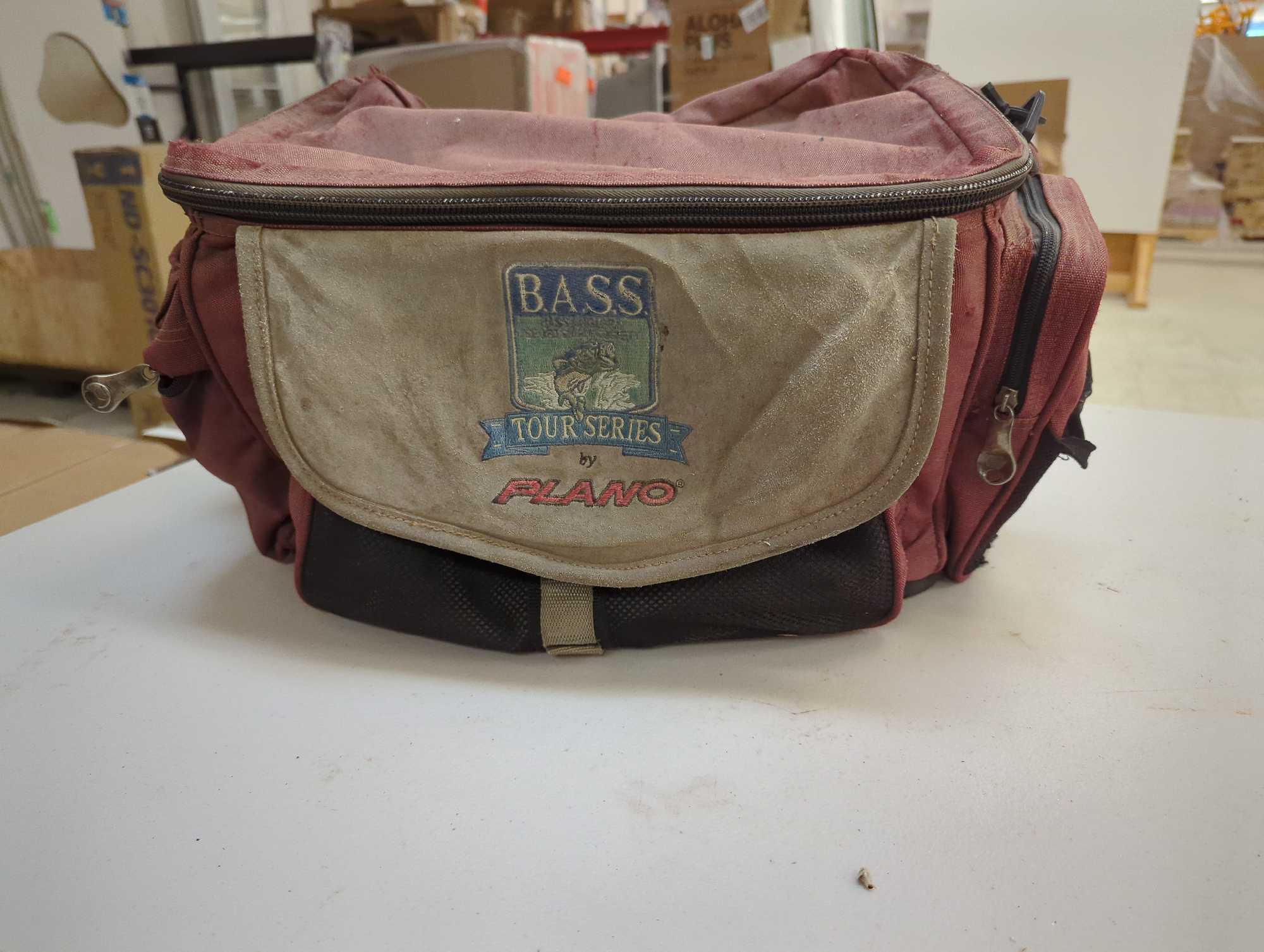 PLANO Tour Series BASS Zippered Fishing Tackle Box Bag and contents including: 3 tackle boxes