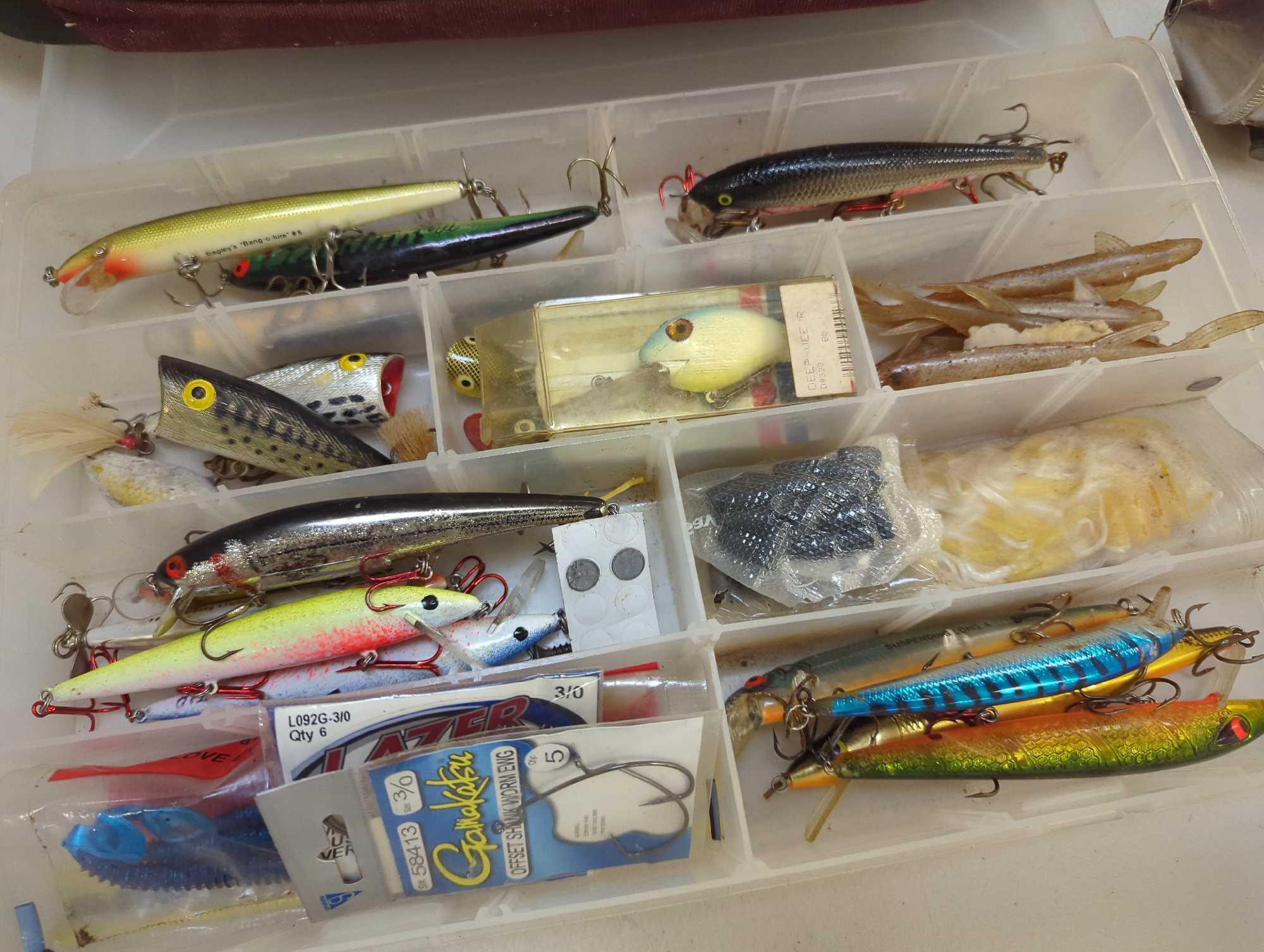 PLANO Tour Series BASS Zippered Fishing Tackle Box Bag and contents including: 3 tackle boxes