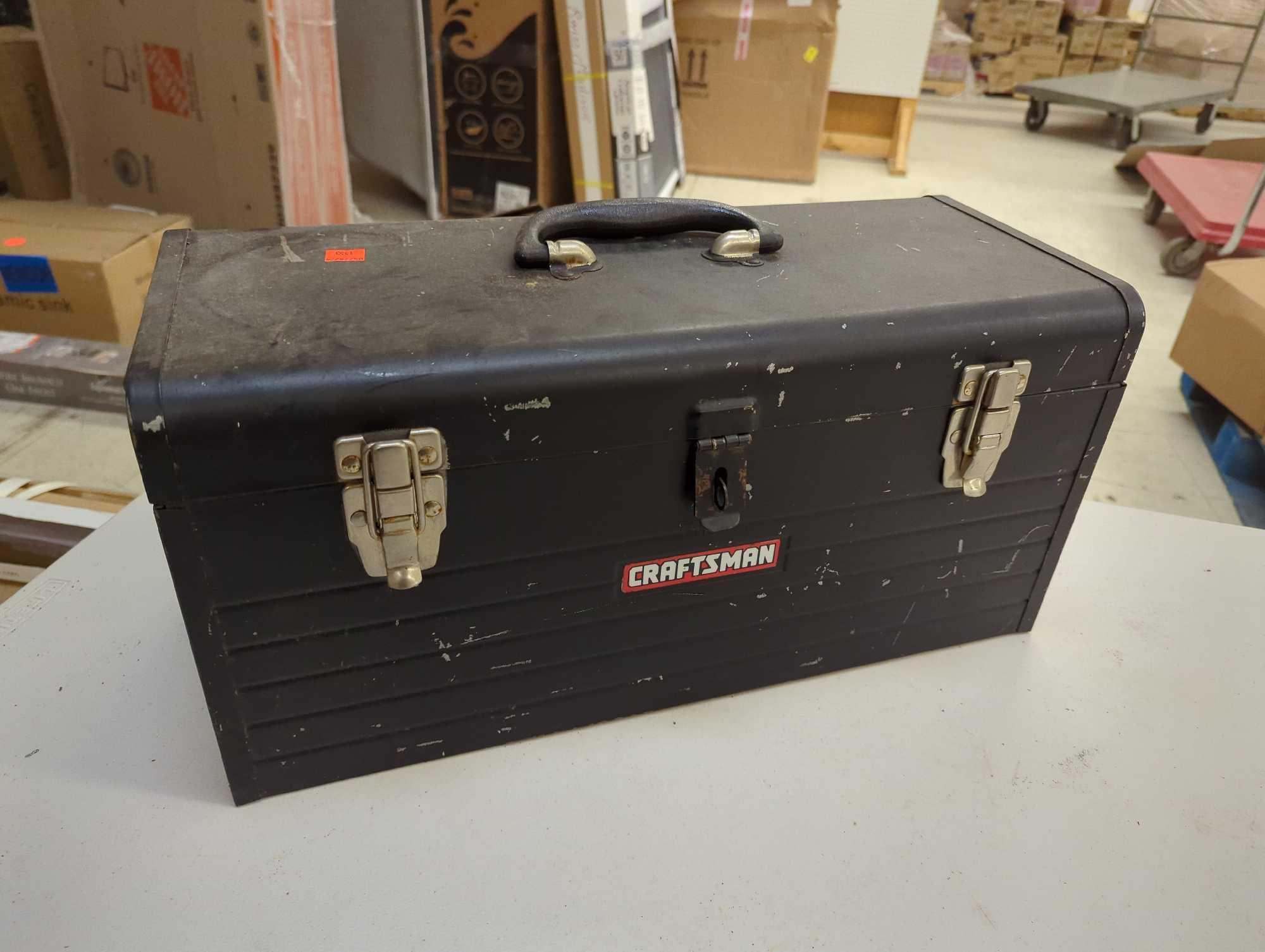 Craftsman Black metal toolbox and contents including various tools as pictured. Comes as is shown.