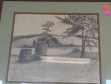 Framed Print of a Field with Barrels and Tree, Approximate Dimensions - 19" x 16", Frame has Some