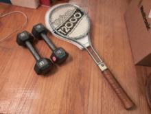 (LR) LOT TO INCLUDE: A WILSON LIGHT 4-1/2 TENNIS RACKET WITH PROTECTIVE SLEEVE & (2) 8 LB. HAND