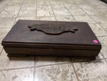 (LR) ANTIQUE BOLBEC 1945 WOODEN LIFT TOP WOODEN BOX THAT OPENS UP TO REVEAL CASTLE DETAILING MARKED