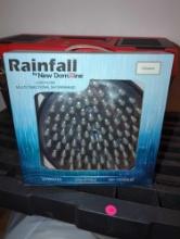 (LR) RAINFALL BY NEW DOMAINE LOW FLOW MULTI DIRECTION SHOWER HEAD, OVERSIZED, OPEN BOX.