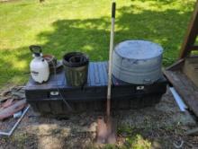 (BY) LOT OF MISCELLANEOUS ITEMS TO INCLUDE, LOWE'S WORK BOX, GROUNDWORK 1 GALLON PUMP SPRAYER,