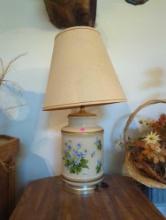 (LR) PAIR OF FLORAL PAINTED GLASS LAMPS WITH SHADE. ONE OF THE PLASTIC BASES HAS BEEN BROKEN, 30"H