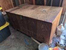(GAR) CUSTOM MADE WOODEN LIFT TOP STORAGE TRUNK WITH MISC. CONTENTS TO INCLUDE: A SMALLER WOODEN