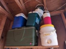 (GAR) LOT OF COOLERS/WATER JUGS TO INCLUDE: LARGE MOSS GREEN COLEMAN COOLER, IGLOO WATER COOLER WITH